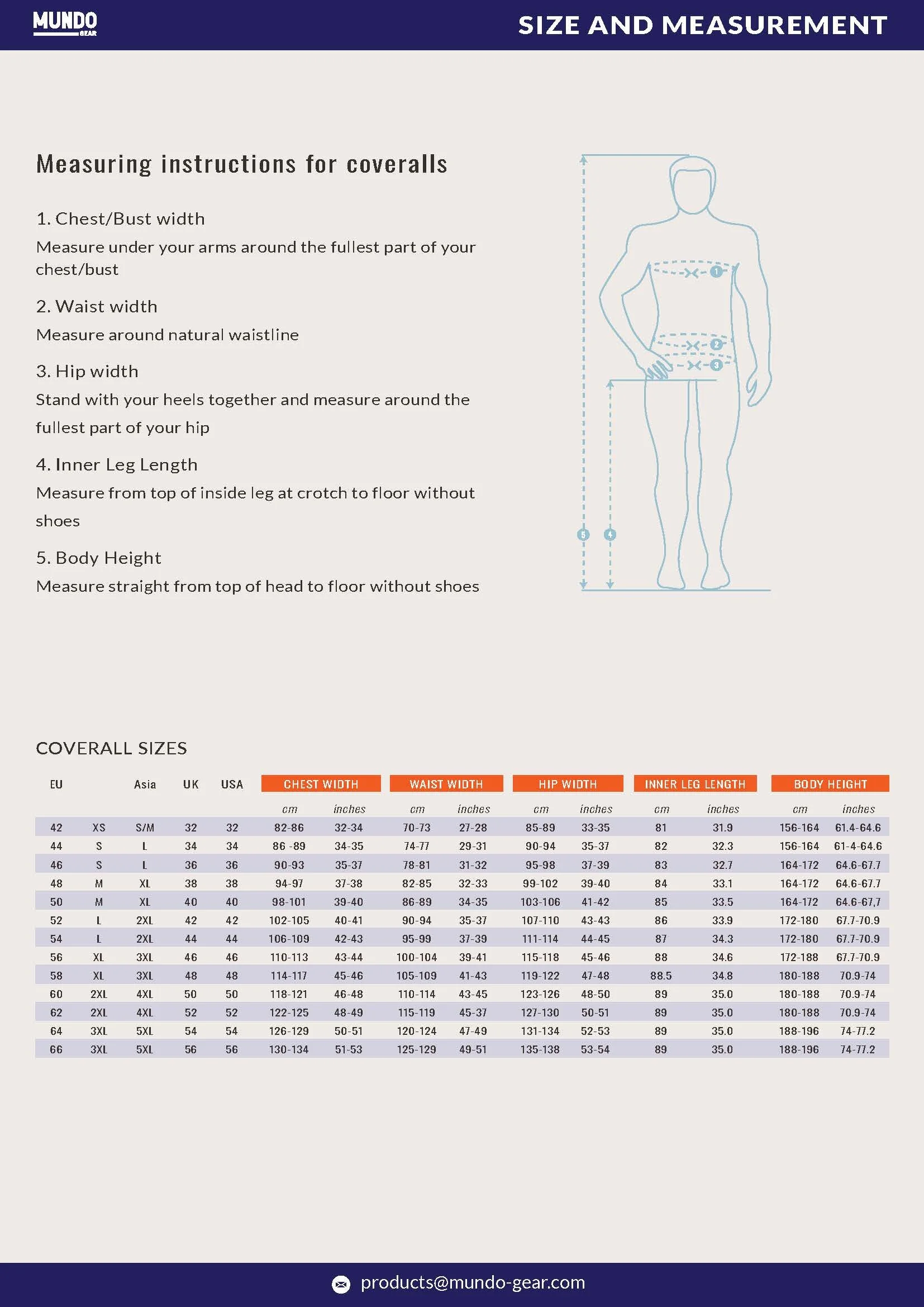 Size Measurement Measuring instructions for coveralls MUNDO Gear